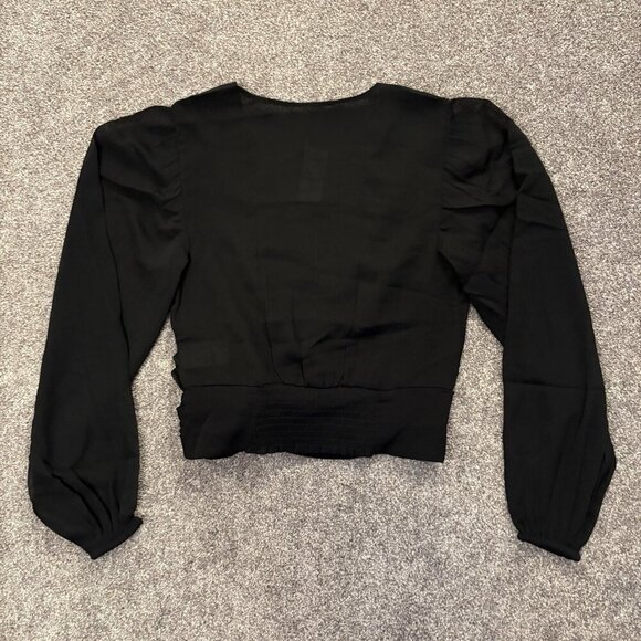 Express Women's Tie Waist Top Size XS Black V-Neck Faux Wrap Sheer Sleeve NWT$54 - Picture 10 of 16